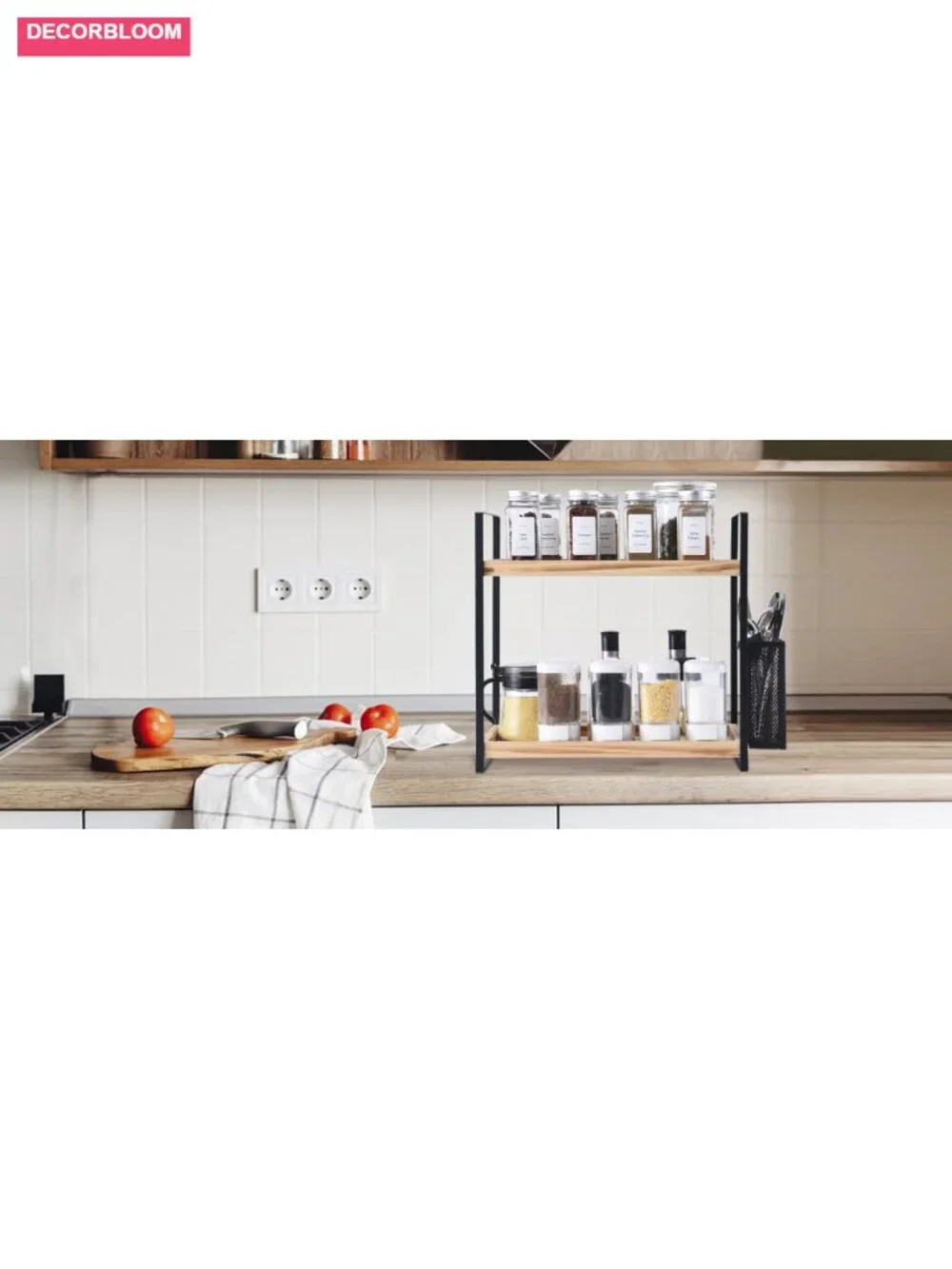 2-Tier Wood Coffee Bar Organizer with Basket, Countertop Shelf for Kitchen